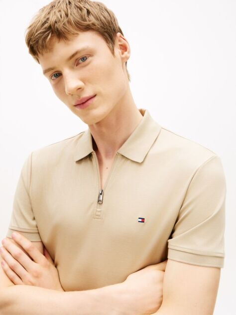 Bej Tricou Polo Cu Fermoar Croiala Regular Si Tricot Interlock  Barbati