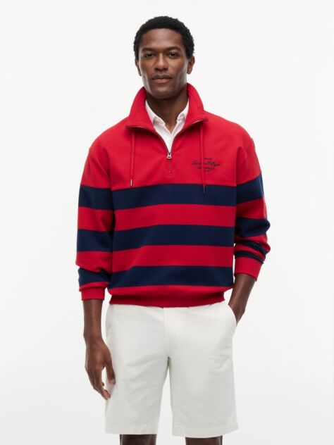 Rosu Hanorac Cu Guler Inalt Si Fermoar Quarter-Zip Cu Dungi  Barbati