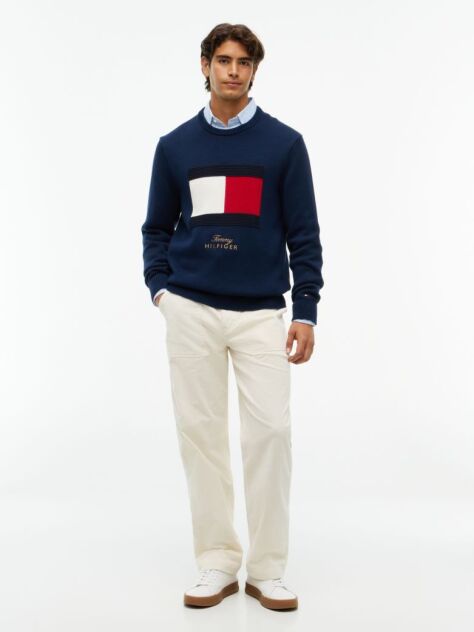 Blue Intarsia Flag Crew Neck Jumper  Men