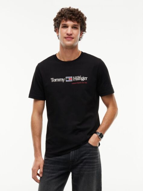 Negru T-Shirt Din Jerseu Cu Logo Si Guler Rotund  Barbati