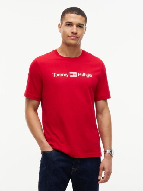 Rosu T-Shirt Din Jerseu Cu Logo Si Guler Rotund  Barbati