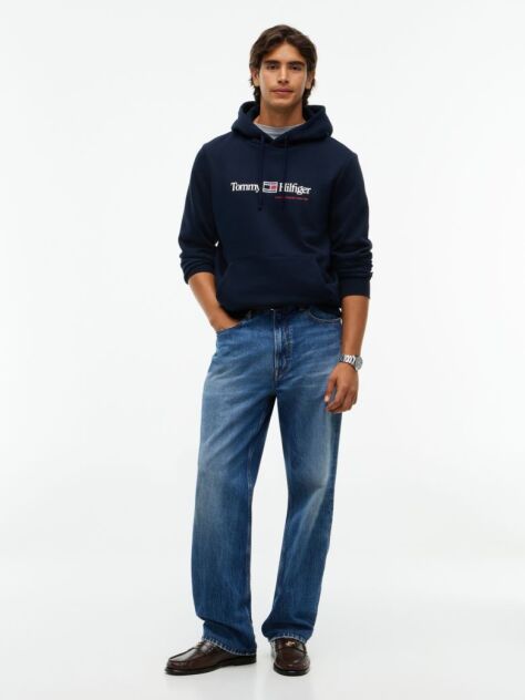 Blue Hanorac Cu Fleece Logo Si Cordon  Barbati