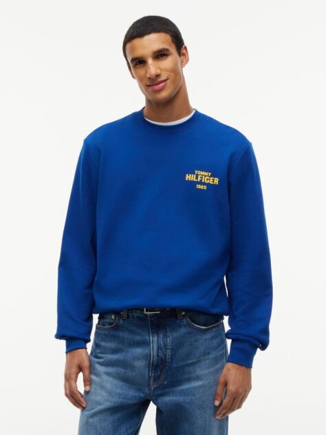 Blue Bluza De Trening Din Terry Cu Guler Rotund Si Logo 1985  Barbati