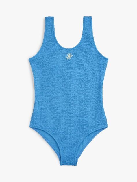 Blue Logo Embroidery Textured Scoop Back Swimsuit  Girls