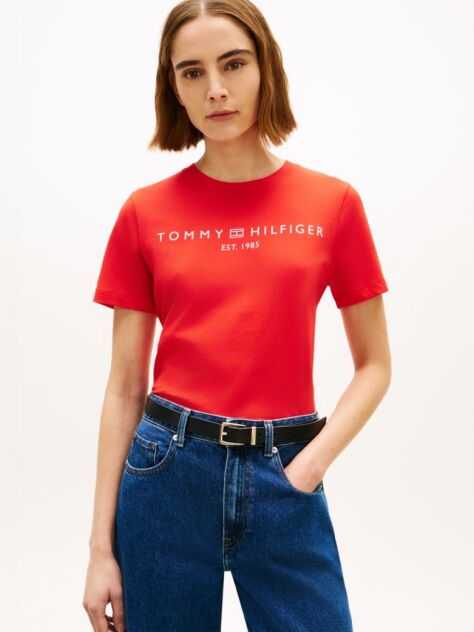 Rosu Tricou Cu Logo Si Guler Rotund  Femei