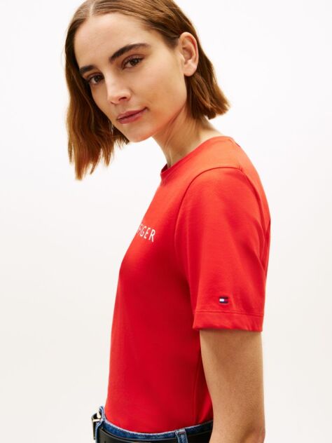 Rosu Tricou Cu Logo Si Guler Rotund  Femei