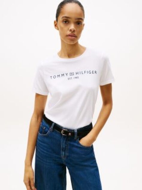 Alb Tricou Cu Logo Si Guler Rotund  Femei