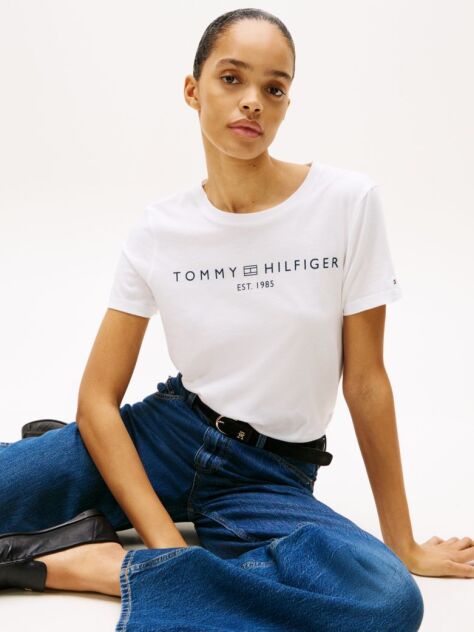 Alb Tricou Cu Logo Si Guler Rotund  Femei