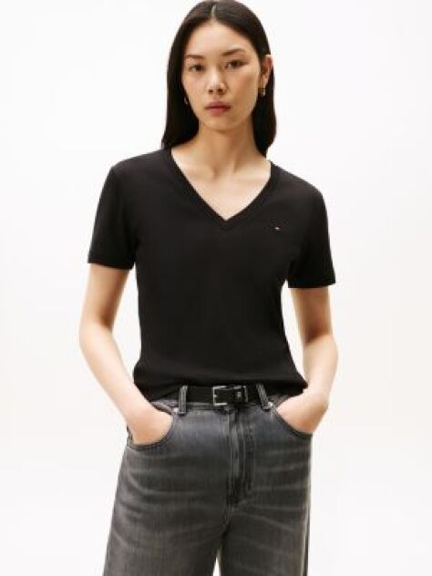 Negru Tricou Slim Fit Tricotat Cu Guler In V  Femei