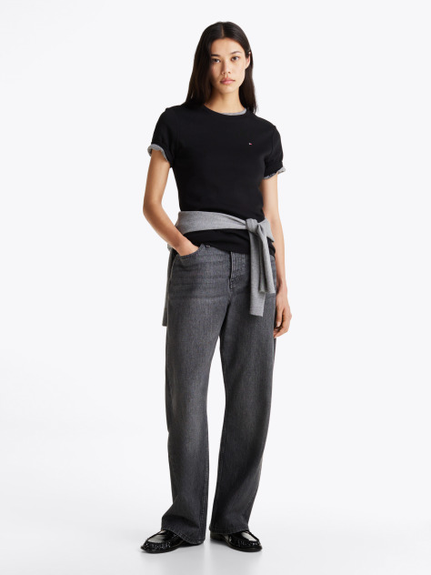 Negru Tricou Cu Nervuri Slim Fit Cu Steag Brodat  Femei