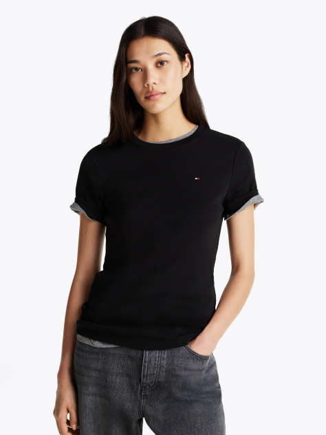 Negru Tricou Cu Nervuri Slim Fit Cu Steag Brodat  Femei