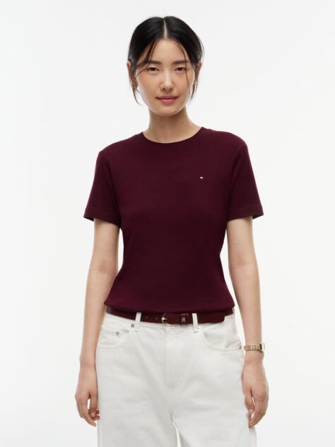 Rosu Tricou Cu Nervuri Slim Fit Cu Steag Brodat  Femei