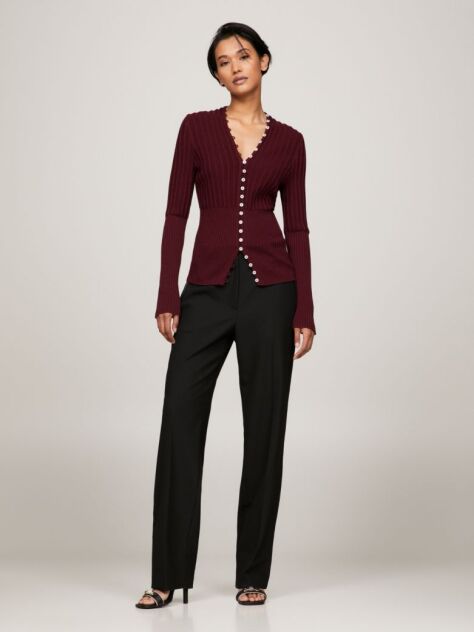 Red Ribbed Button Down Slim Fit Cardigan  Women