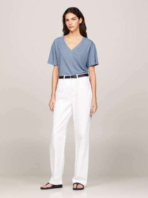 Blue Tricou Relaxed Cu Guler In V  Femei
