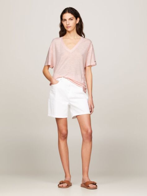 Roz Tricou Relaxed Cu Guler In V  Femei