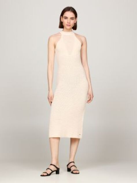Bej Rochie Midi Crosetata Cu Guler Halterneck  Femei