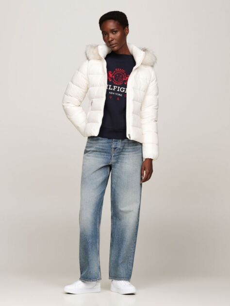 White Faux Fur Trim Down Jacket  Women