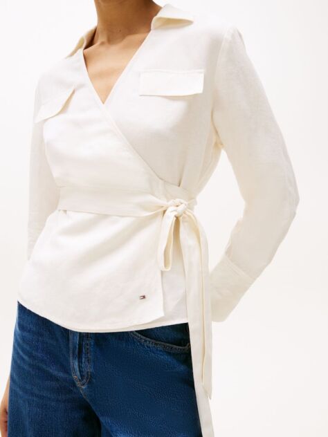 White Relaxed Fit Linen Blend Wrap Blouse  Women