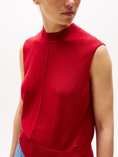 Red Mock Neck Sleeveless Top With Silk  Women