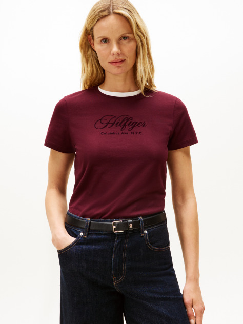 Rosu Tricou Cu Guler Rotund Si Broderie Logo  Femei