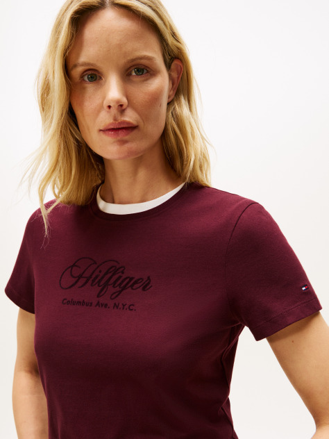Rosu Tricou Cu Guler Rotund Si Broderie Logo  Femei