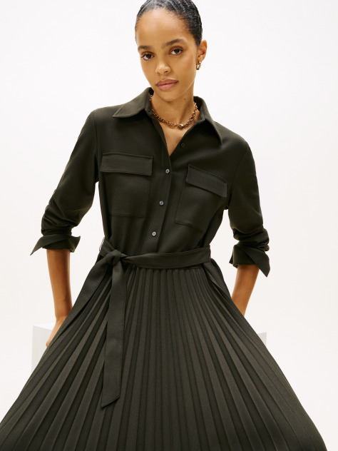 Green Pleated Relaxed Midi Shirt Dress  Women