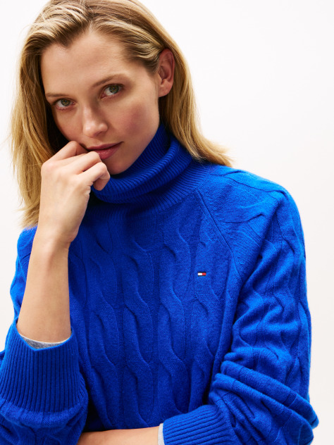 Blue Pulover Relaxat Din Lana Moale Cu Model Tricotat  Femei