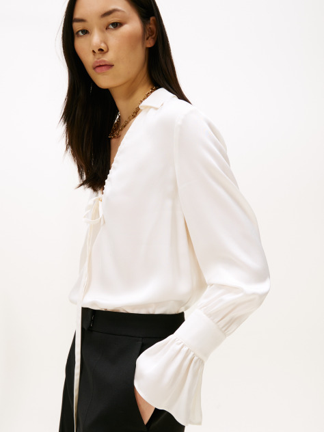 Beige Sateen Ruffle Cuff Relaxed Fit Blouse  Women