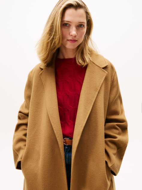 Khaki Double-Faced Wool Blend Belted Longline Coat  Women