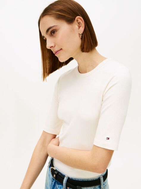 Bej Bluza Cu Maneci Scurte Ribbed  Femei