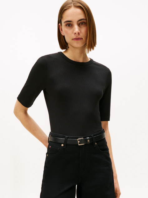 Negru Bluza Cu Maneci Scurte Ribbed  Femei