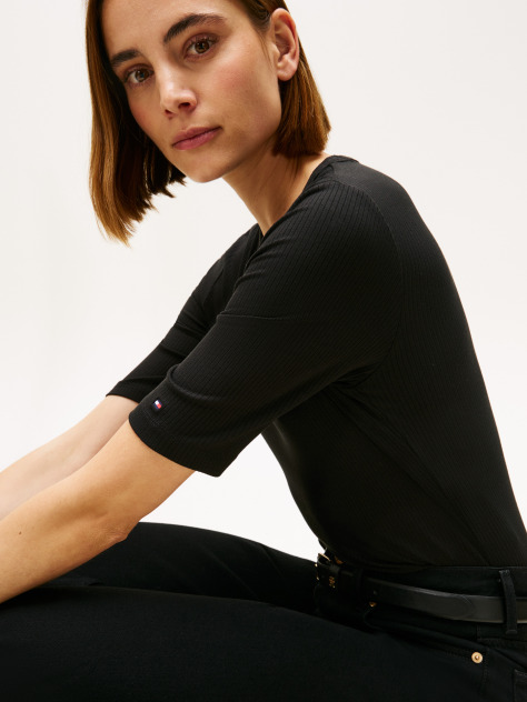 Negru Bluza Cu Maneci Scurte Ribbed  Femei