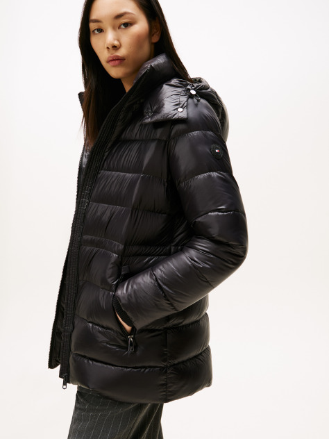 Black Shiny Water Repellent Down Puffer Coat  Women