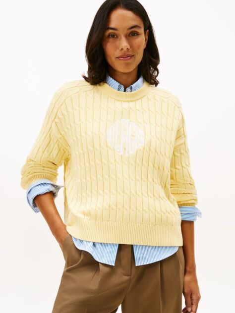 Galben Pulover Relaxat Din Tricot Cu Logo Brodat  Femei