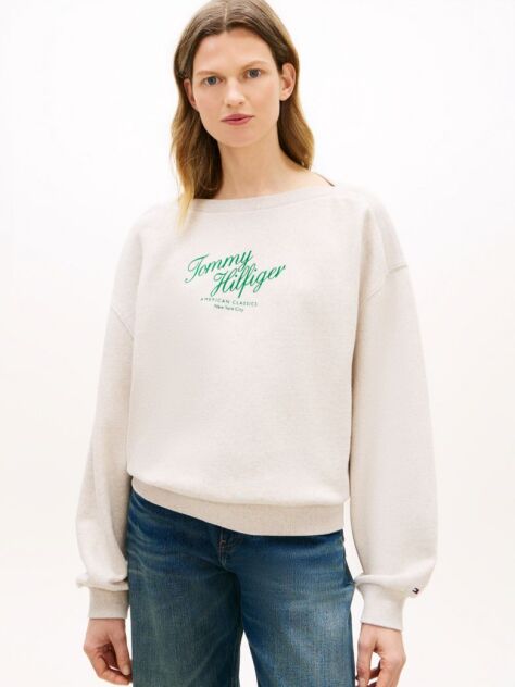 Bej Bluza De Trening Cu Logo Croiala Lejera Si Guler Boat  Femei