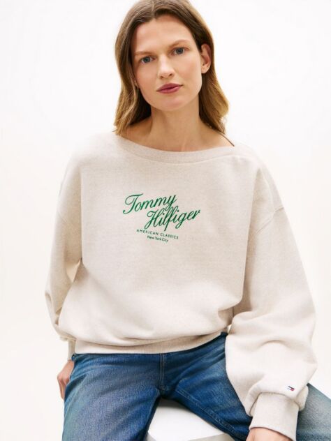 Bej Bluza De Trening Cu Logo Croiala Lejera Si Guler Boat  Femei