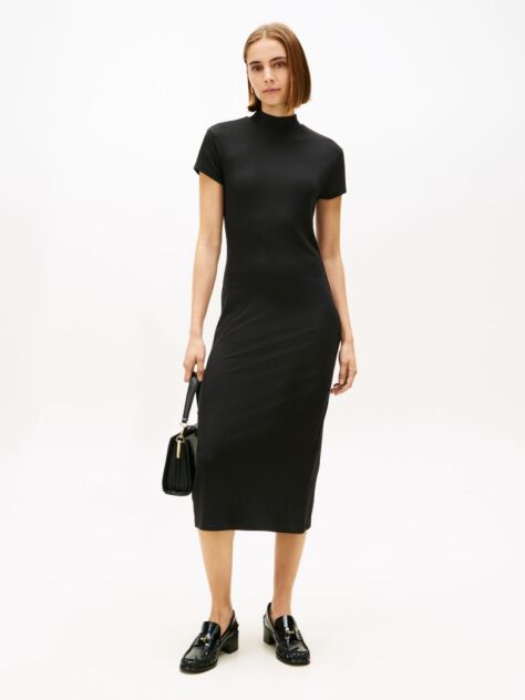 Negru Rochie Midi Mulata Ribbed Cu Croiala Slim Si Guler Mock  Femei