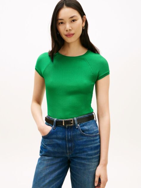 Verde Top Cu Maneca Cap Ribbed Si Croiala Slim  Femei