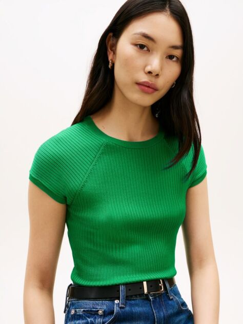 Verde Top Cu Maneca Cap Ribbed Si Croiala Slim  Femei