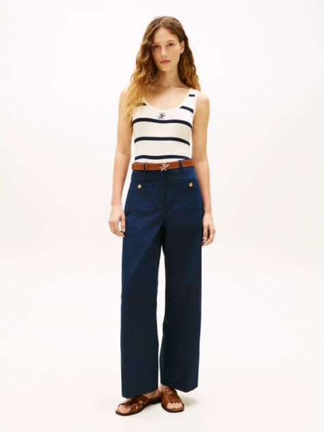 Blue Pantaloni Chino Cu Picior Larg Si Nasturi In Relief  Femei