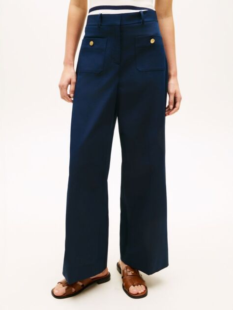 Blue Pantaloni Chino Cu Picior Larg Si Nasturi In Relief  Femei