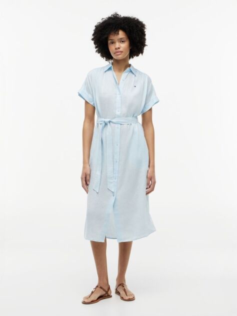Blue Belted Relaxed Pure Linen Shirt Dress  Women