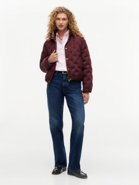 Red Gold-Tone Button Flag Down Quilted Jacket  Women