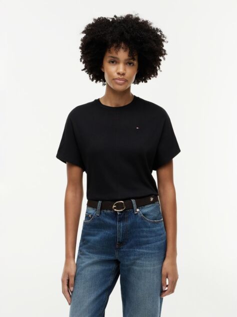 Negru Tricou Cu Guler Rotund Si Maneci Tip „Batwing”  Femei