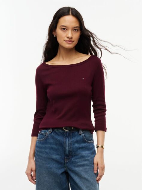 Rosu T-Shirt Cu Maneca Trei Sferturi Croiala Slim Si Guler Boat  Femei