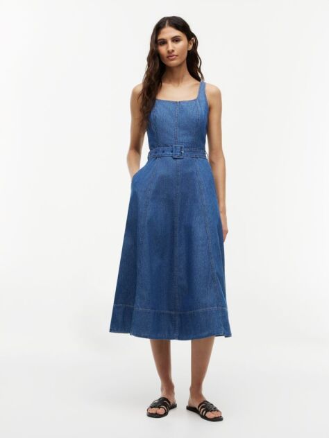 Blue Rochie Midi Din Denim Cu Curea Si Croiala Fit And Flare  Femei