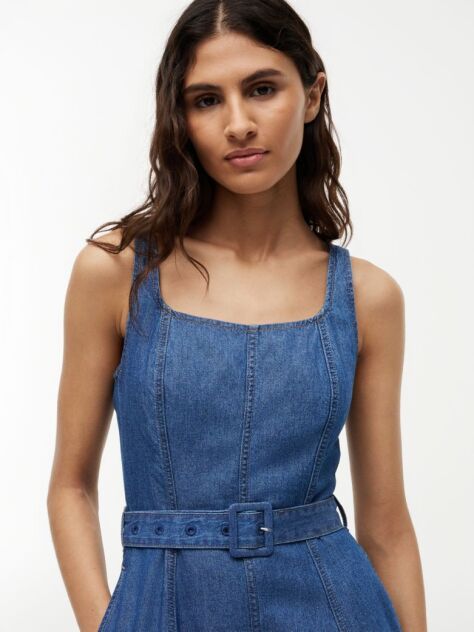 Blue Rochie Midi Din Denim Cu Curea Si Croiala Fit And Flare  Femei