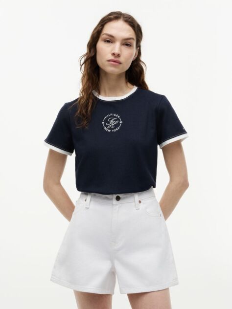 Blue Tricou Cu Guler Rotund Si Logo Brodat  Femei