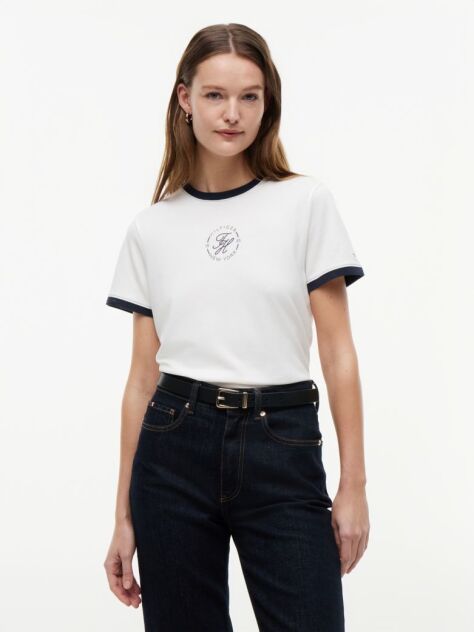 Alb Tricou Cu Guler Rotund Si Logo Brodat  Femei