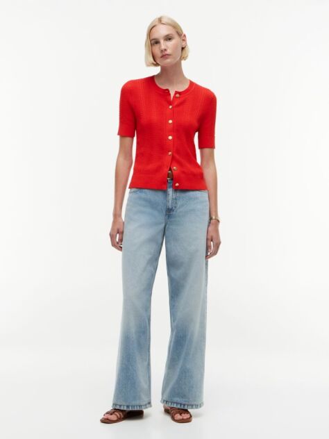 Red Pointelle Gold-Tone Button Short Sleeve Cardigan  Women